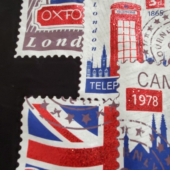 UK London multicolor scenic stamp landmark graphics black cap sleeve tee XS SM - Picture 8 of 8